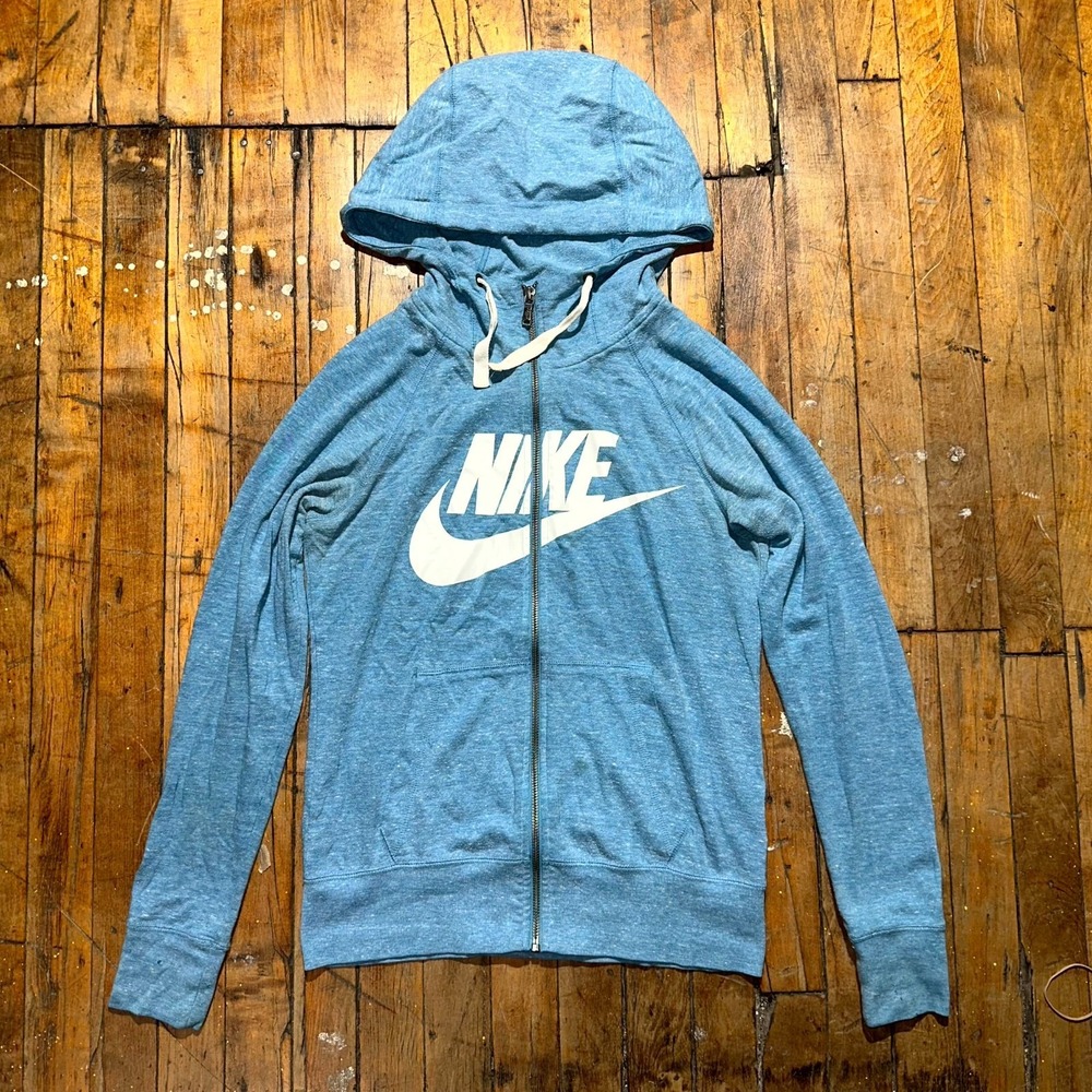 Nike Hoodie Women's XS Blue Solid Long Sleeve Swoosh Logo Pocket Full Zipper